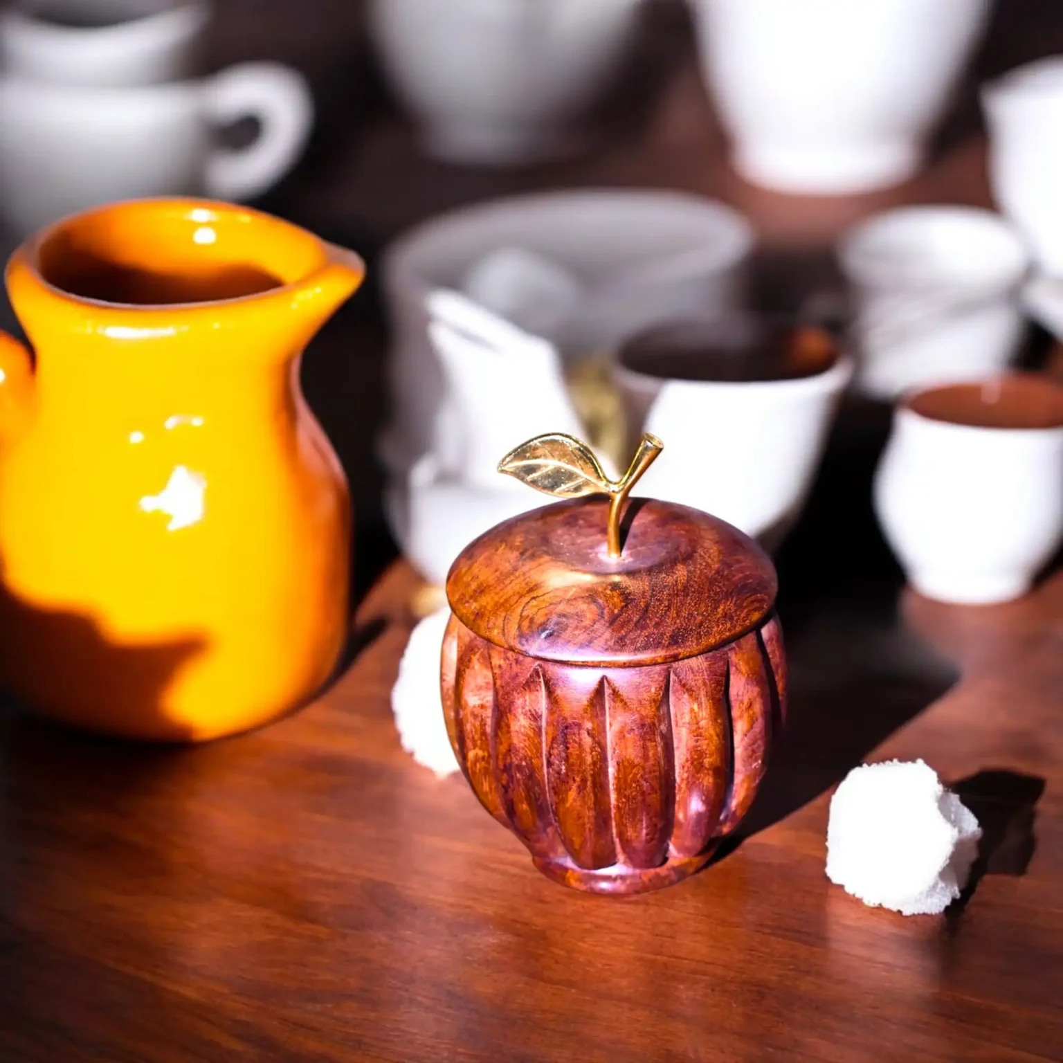 Wooden Sugar Pot with Orange Ribbed Structure