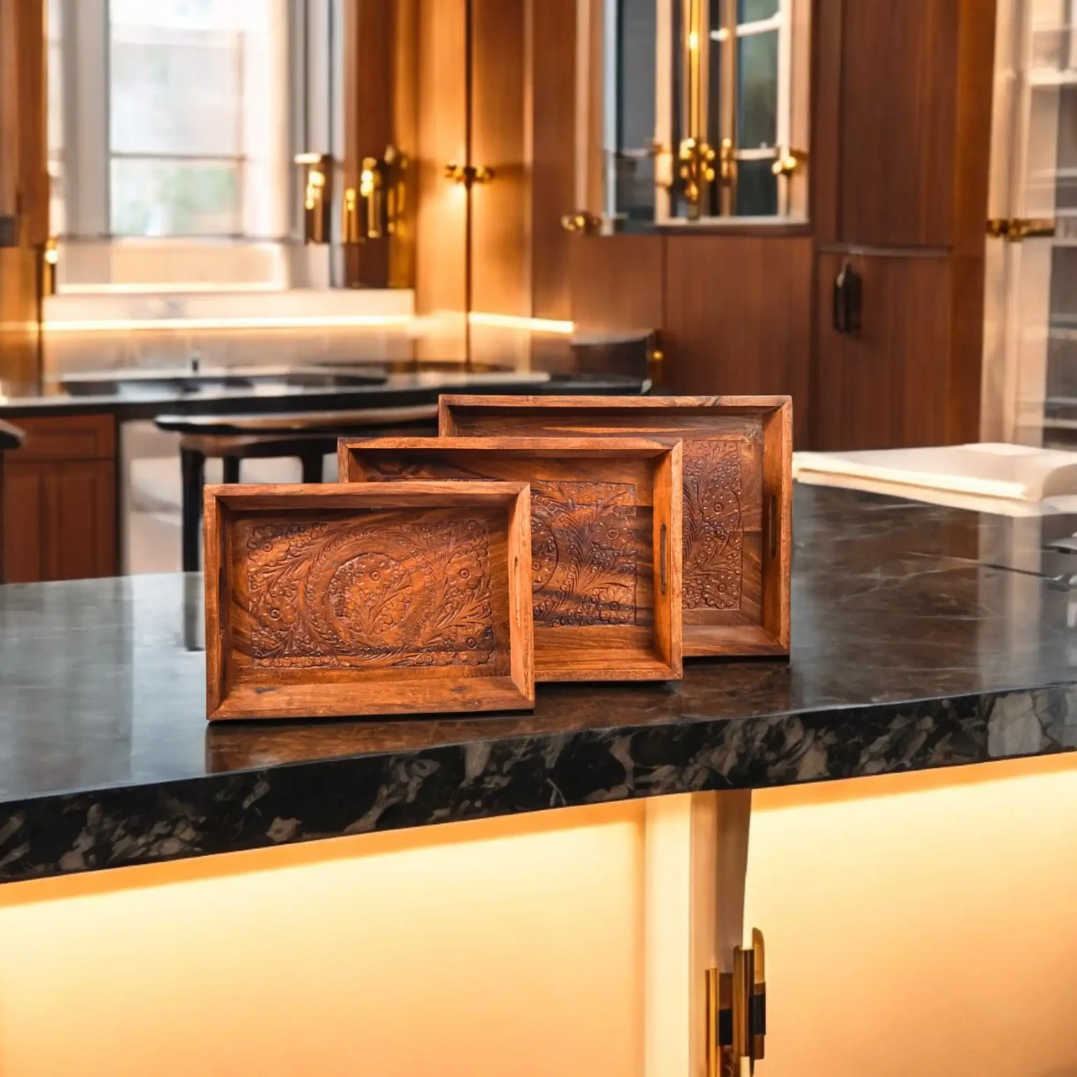 Hand-Carved Wooden Tray Set – Floral Motif