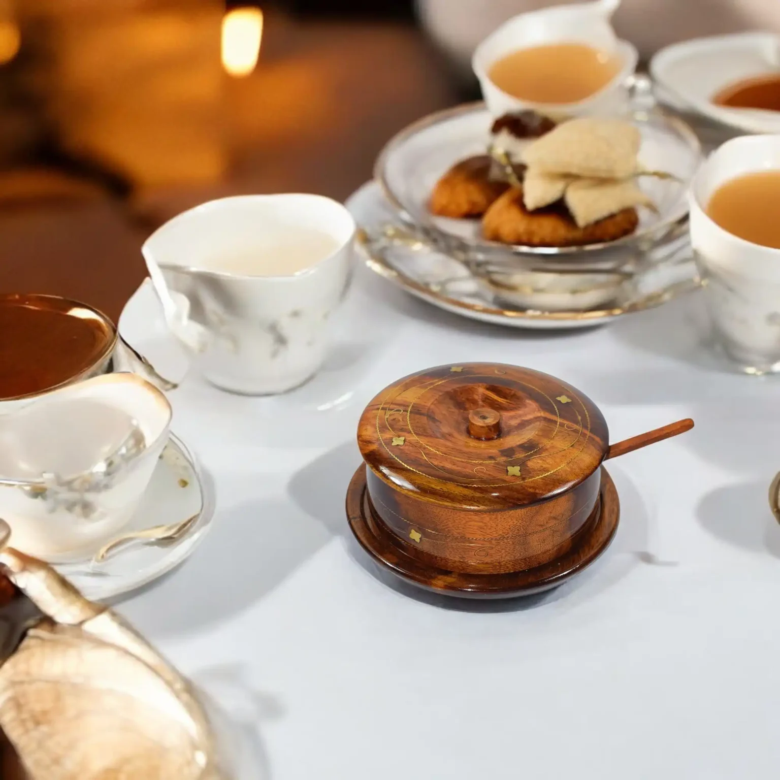 Wooden Sugar Pot with Lid, Spoon & Tray – Brass Inlay Finish