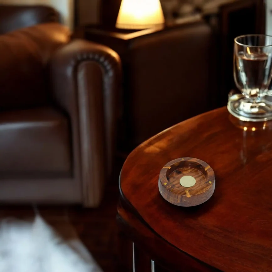 Sheesham Wood Ashtray with Brass Inlay