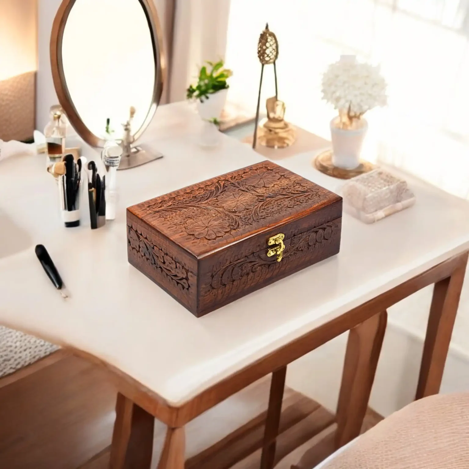 Hand-Carved Wooden Jewelry Box – Brass Latch
