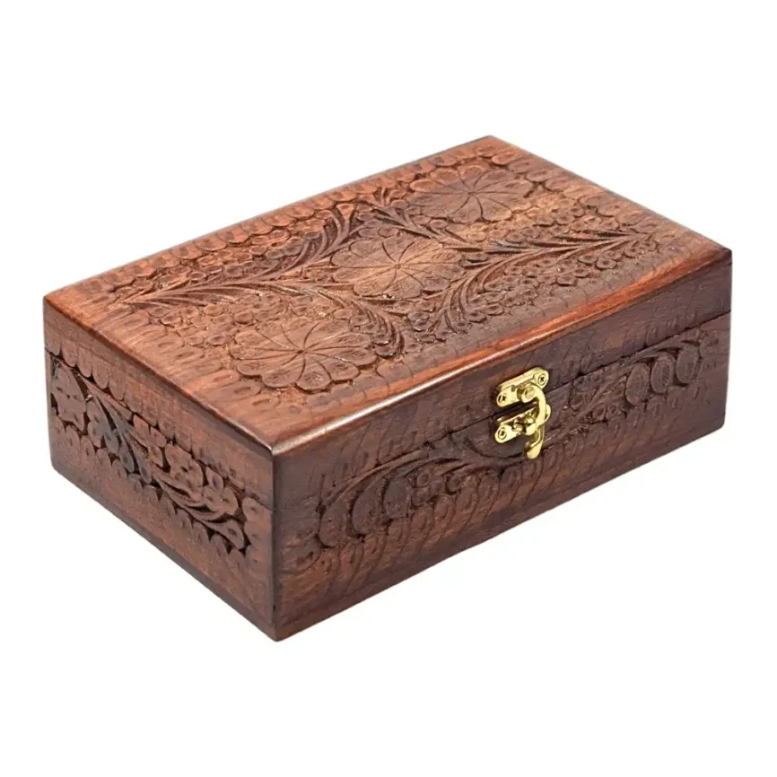 Hand-Carved Wooden Jewelry Box – Brass Latch Angle 1