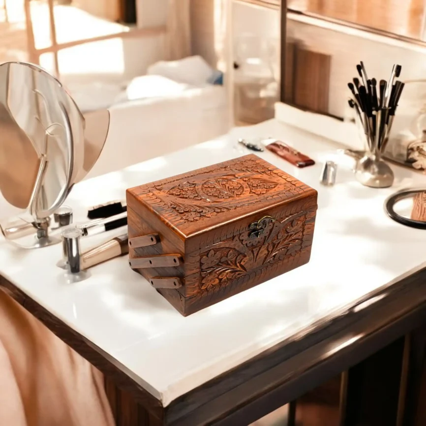 Three-Tier Carved Wooden Jewelry Chest