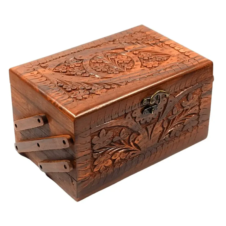 Three-Tier Carved Wooden Jewelry Chest Angle 1