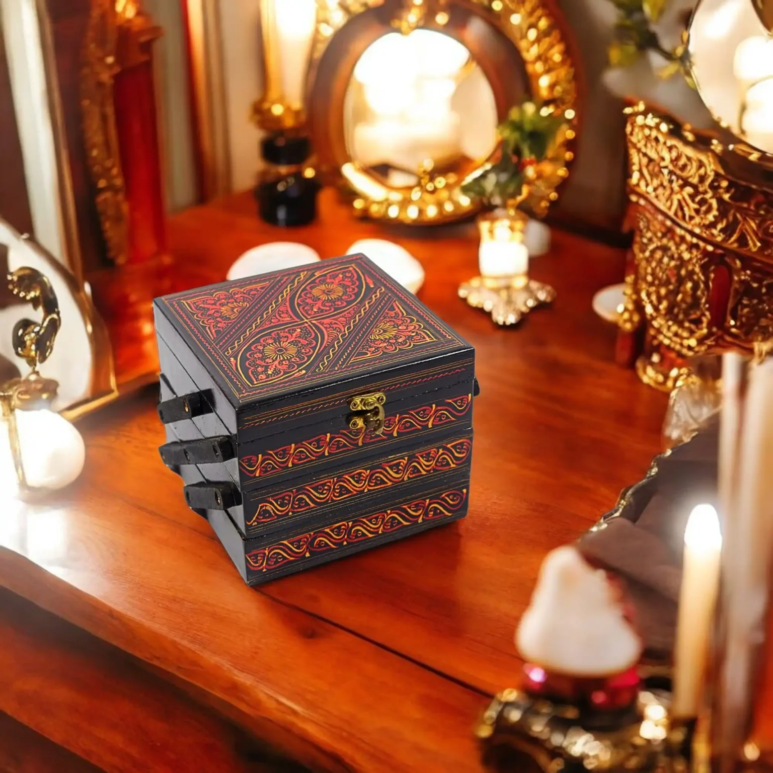 Red Naqshi Triple-Tier Jewelry Chest — Square Edition