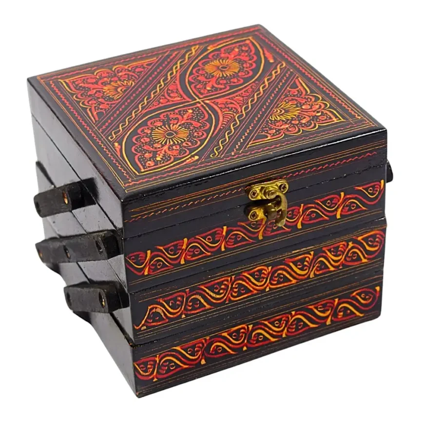 Red Naqshi Triple-Tier Jewelry Chest — Square Edition Angle 1