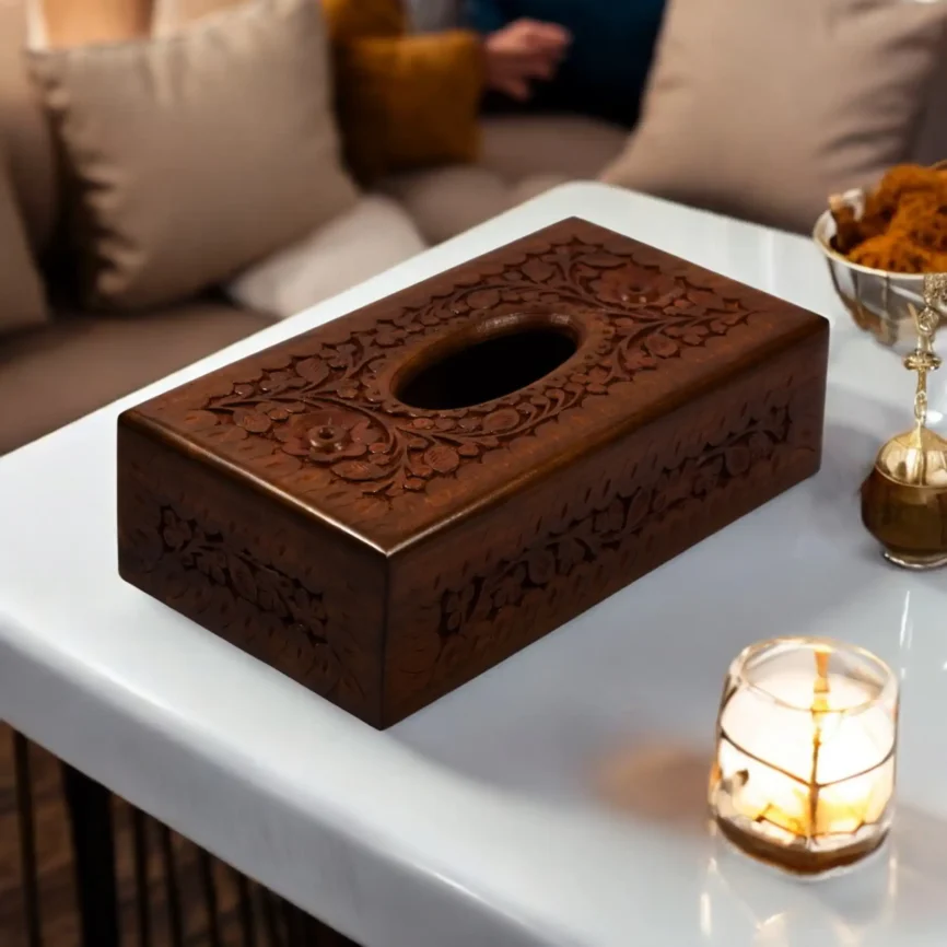 Hand-Carved Wooden Tissue Box – Floral Relief Design
