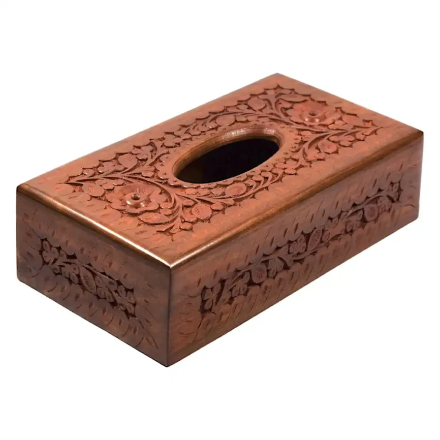 Hand-Carved Wooden Tissue Box – Floral Relief Design Angle 1
