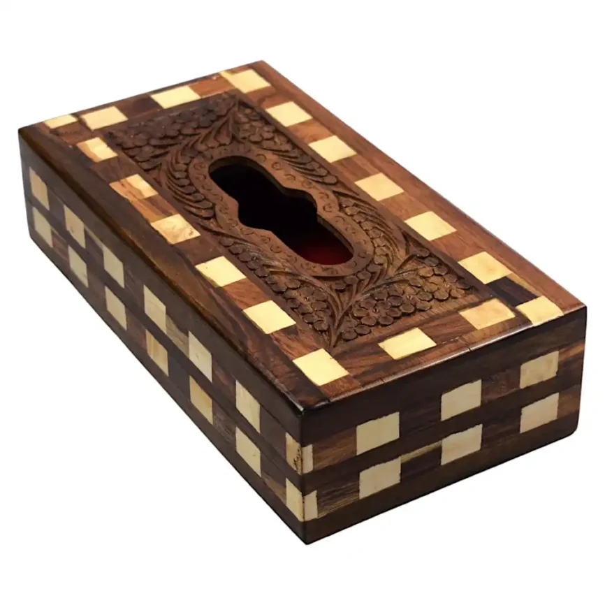 Carved Wooden Tissue Box – Classic Grid Motif Angle 1