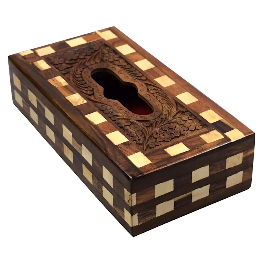 Carved Wooden Tissue Box – Classic Grid Motif Angle 1