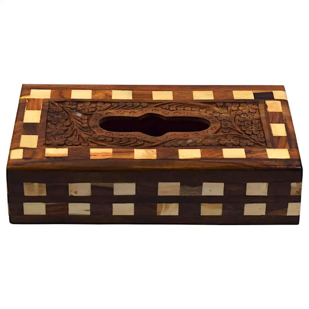 Carved Wooden Tissue Box – Classic Grid Motif Angle 2
