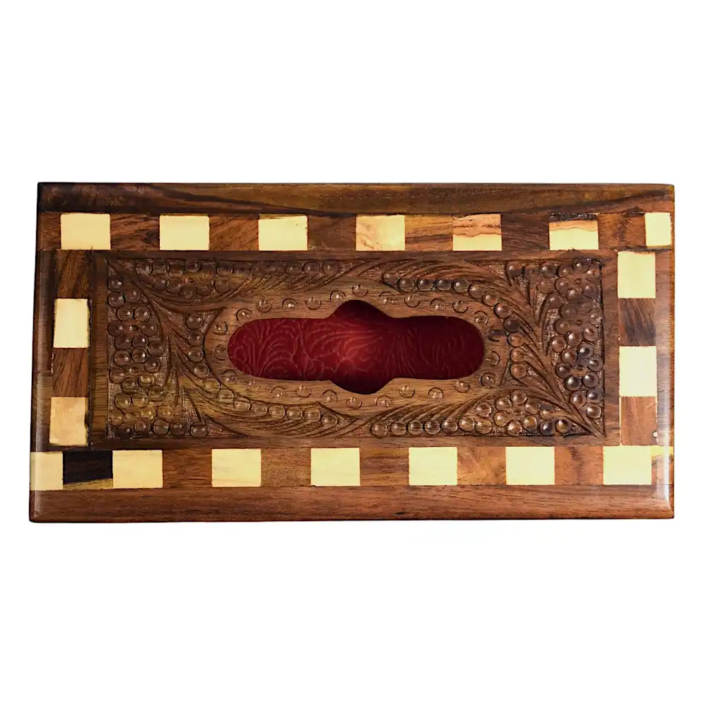 Carved Wooden Tissue Box – Classic Grid Motif Angle 3