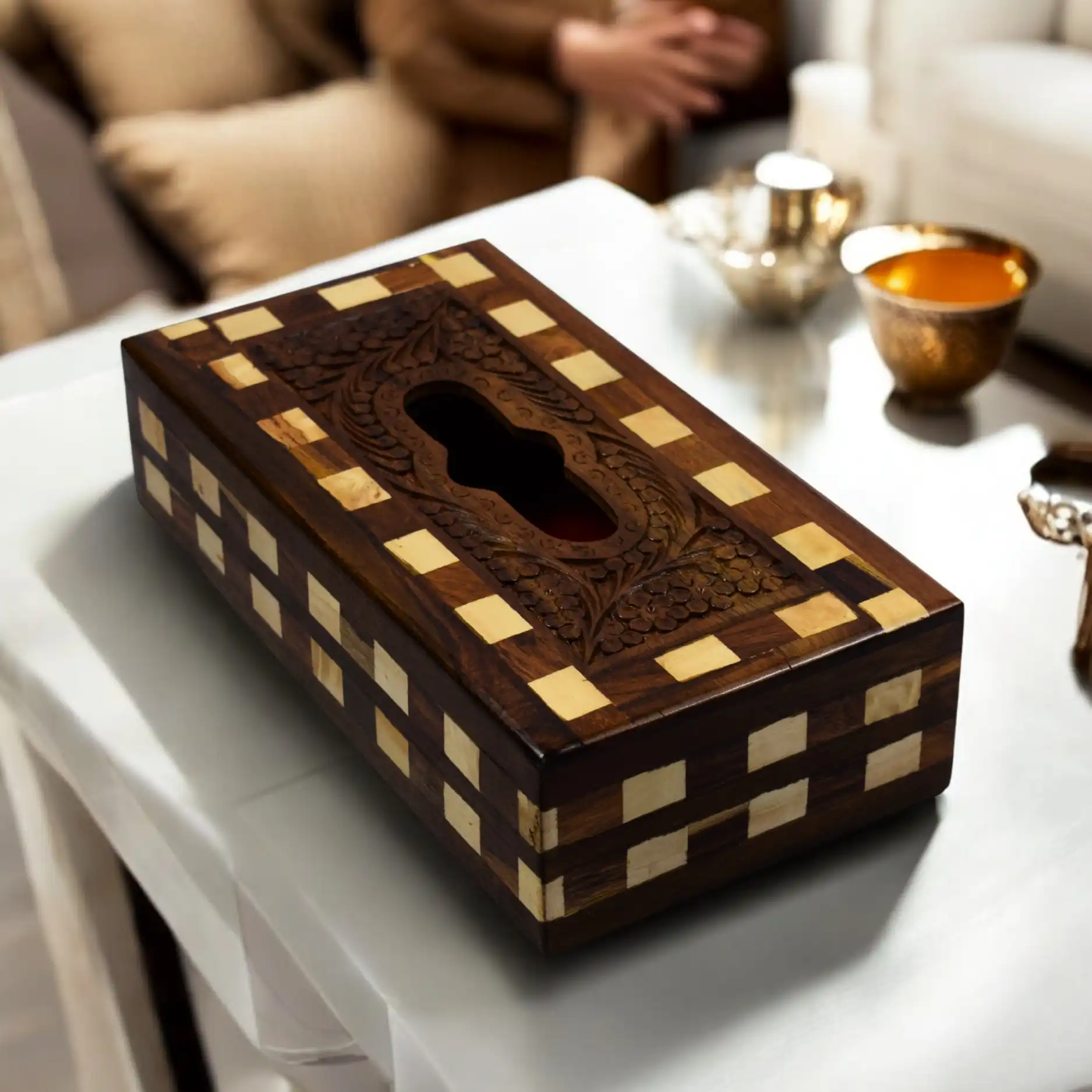 Carved Wooden Tissue Box – Classic Grid Motif
