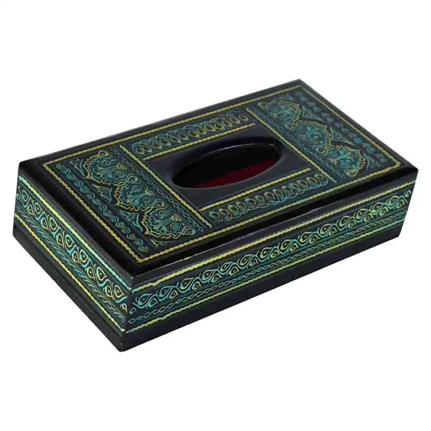 Green Naqshi Wooden Tissue Box Angle 1