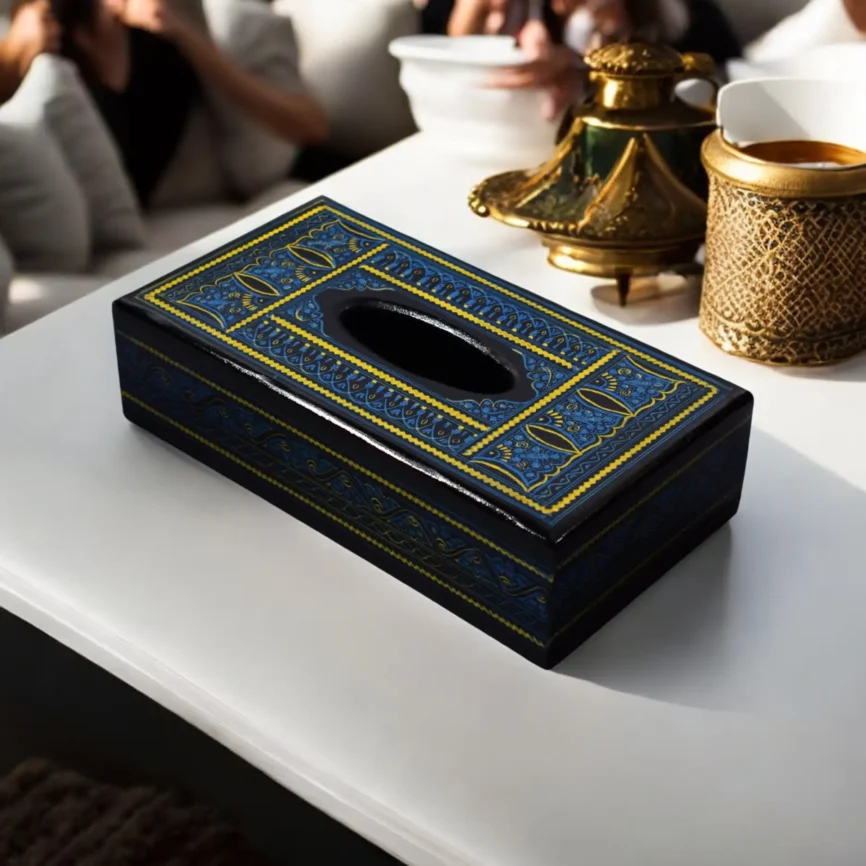 Black Naqshi Tissue Box – Blue-Gold Pattern