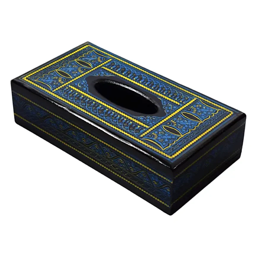 Black Naqshi Tissue Box – Blue-Gold Pattern Angle 1