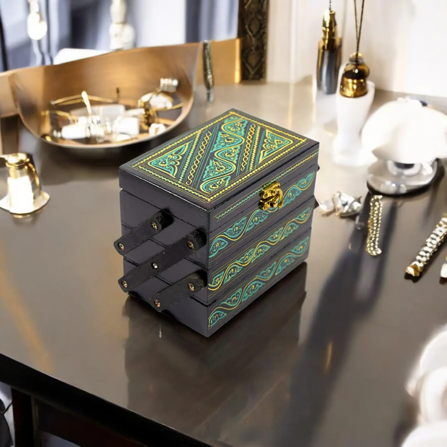Three-Step Wooden Jewelry Box – Green Naqshi Pattern