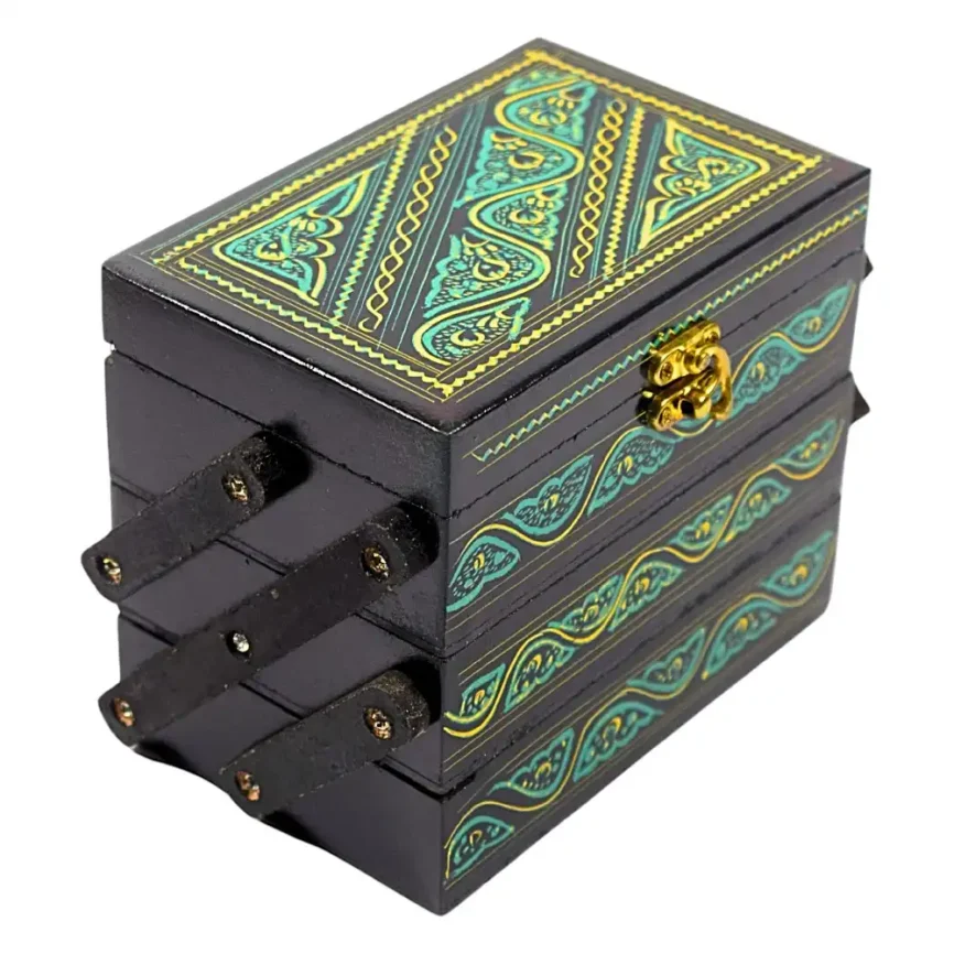 Three-Step Wooden Jewelry Box – Green Naqshi Pattern Angle 1