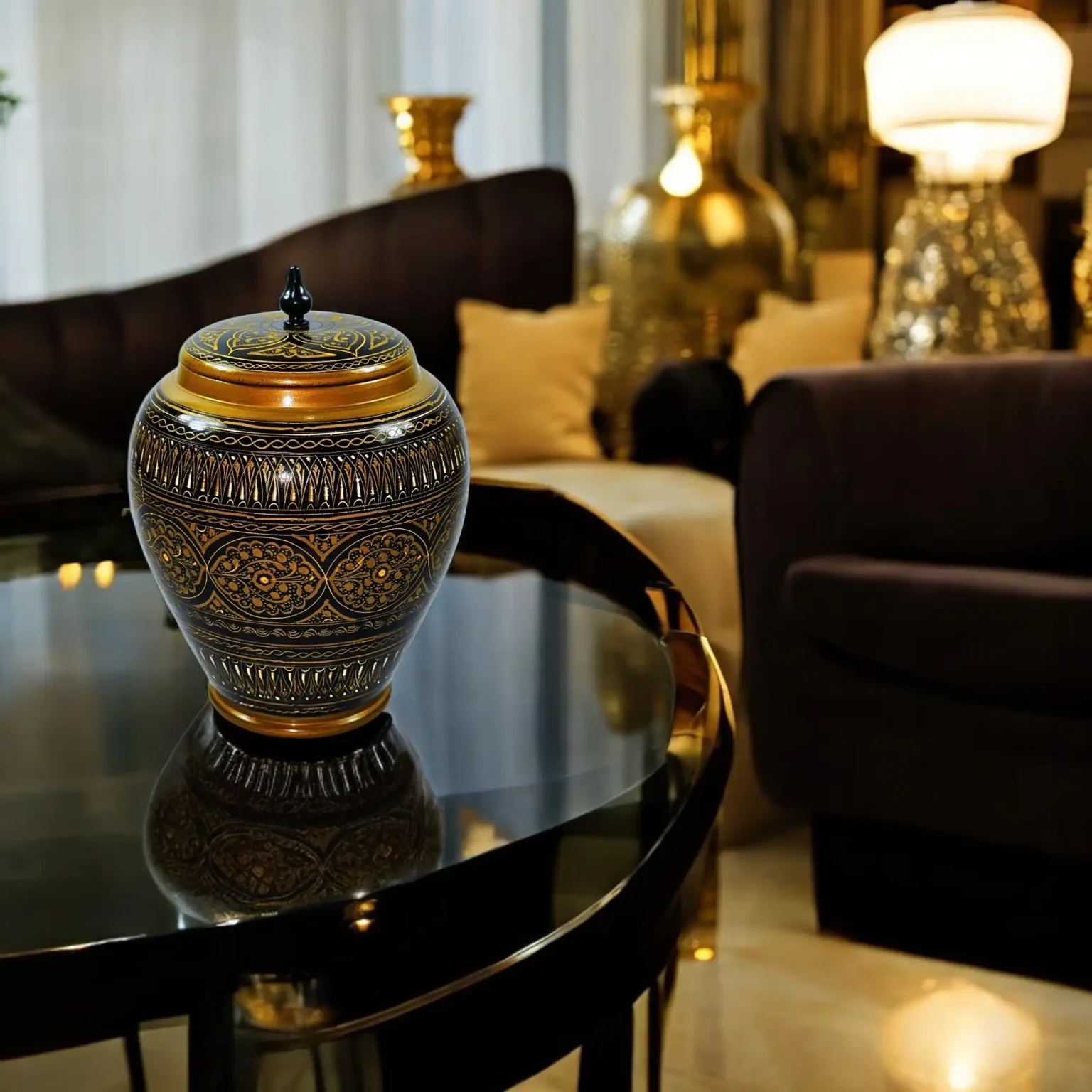 Wooden Bin with Lid – Circle Motif in Deep Gold