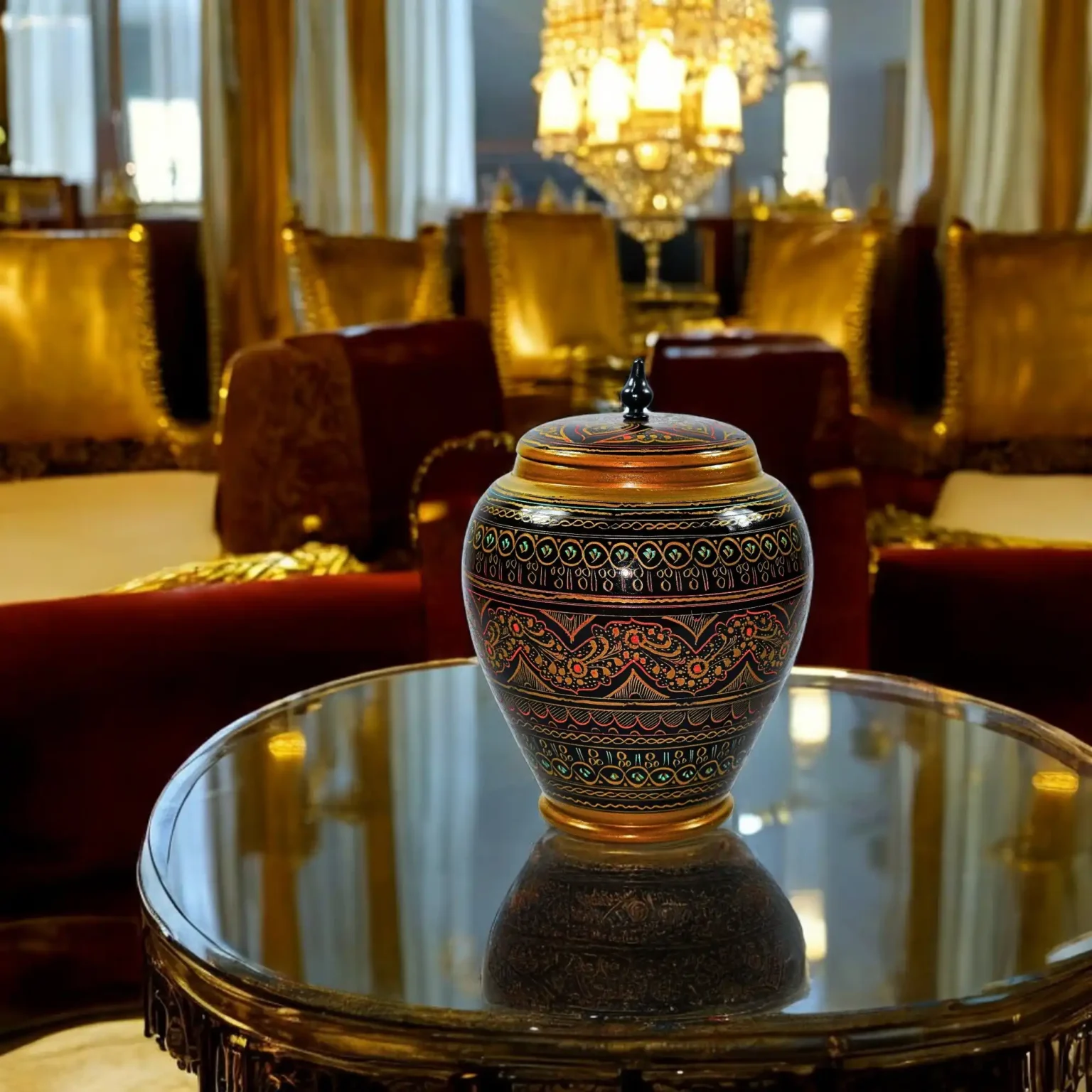 Wooden Bin with Lid – Flowing Vine Design in Deep Black