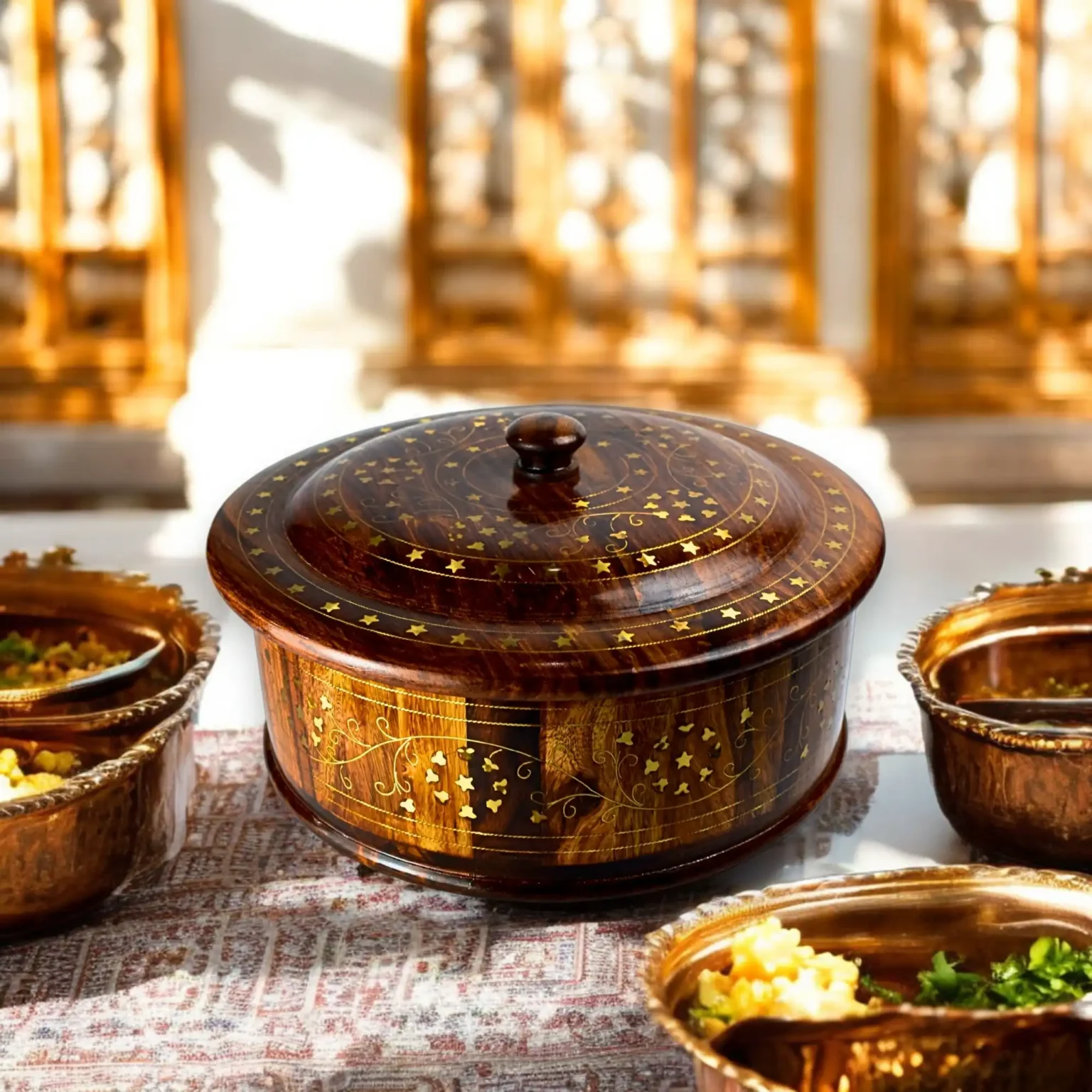 Round Brass-Inlay Masala/Dry Fruit Wooden Box (Multipurpose)