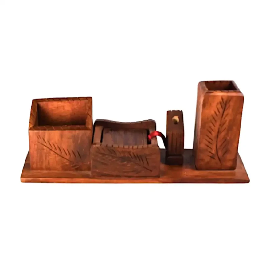 Wooden Desk Organizer – Sheesham Leafline Angle 1