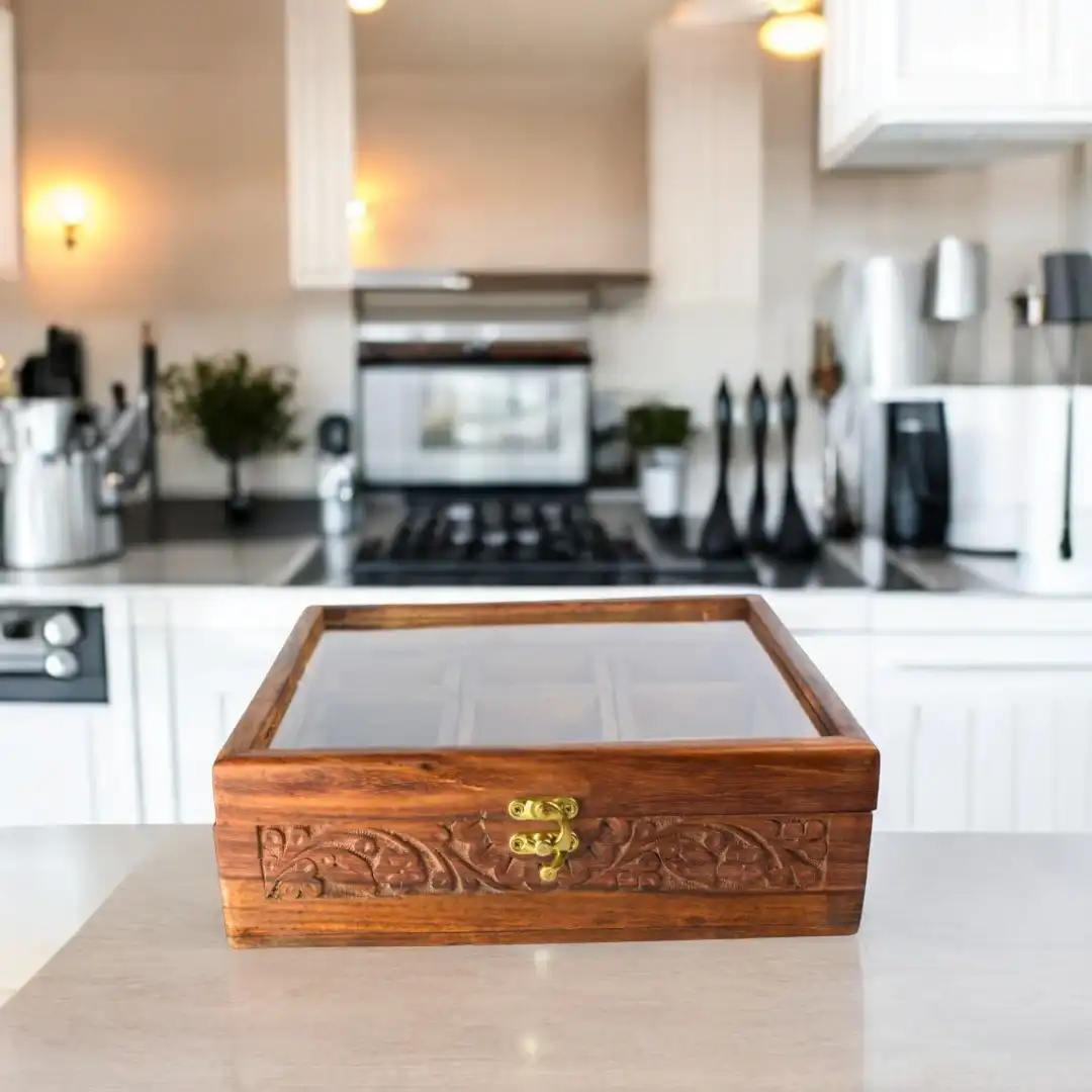 9-Section Wooden Masala Box with Glass Lid