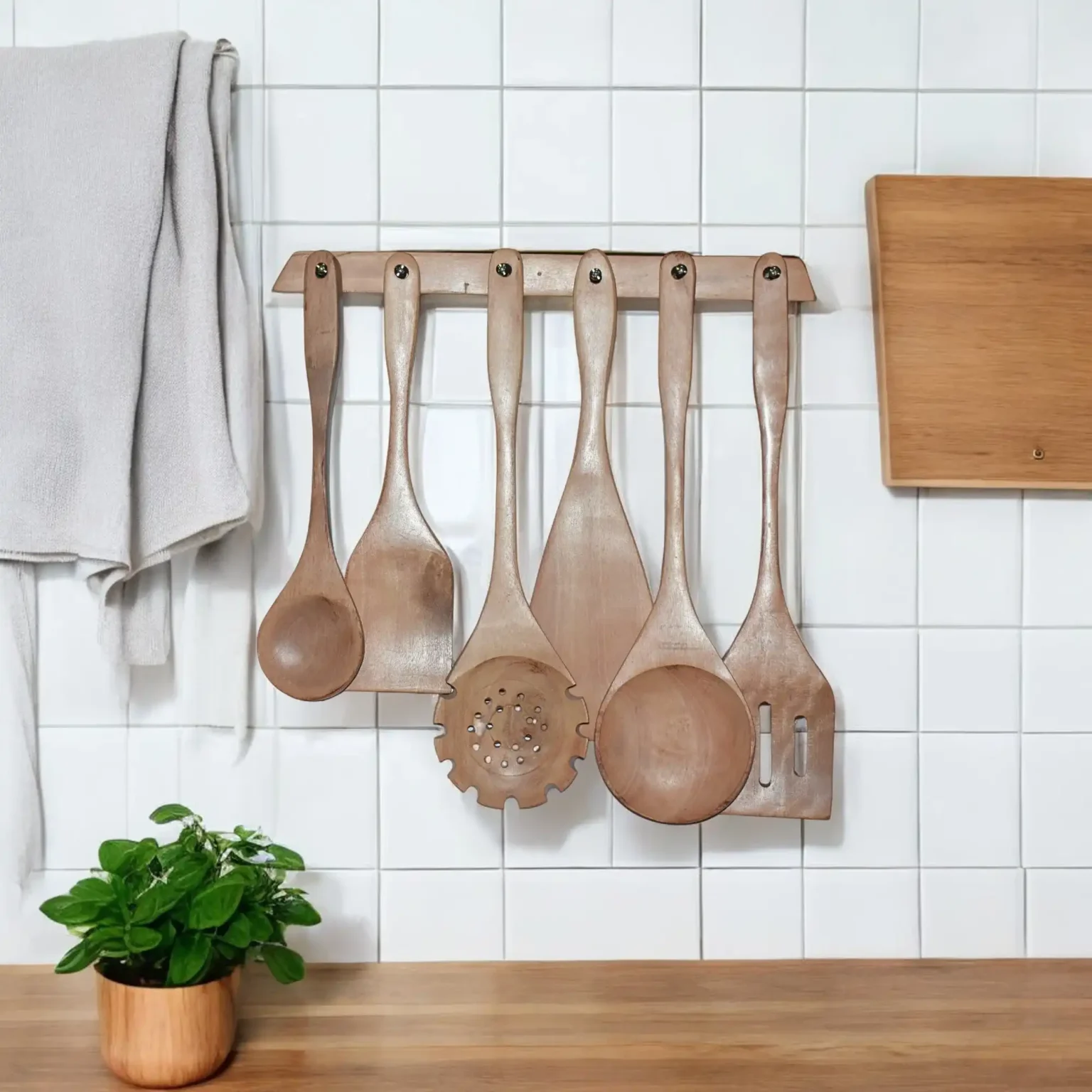6-Piece Wooden Spoon Set with Wall-Mount Holder