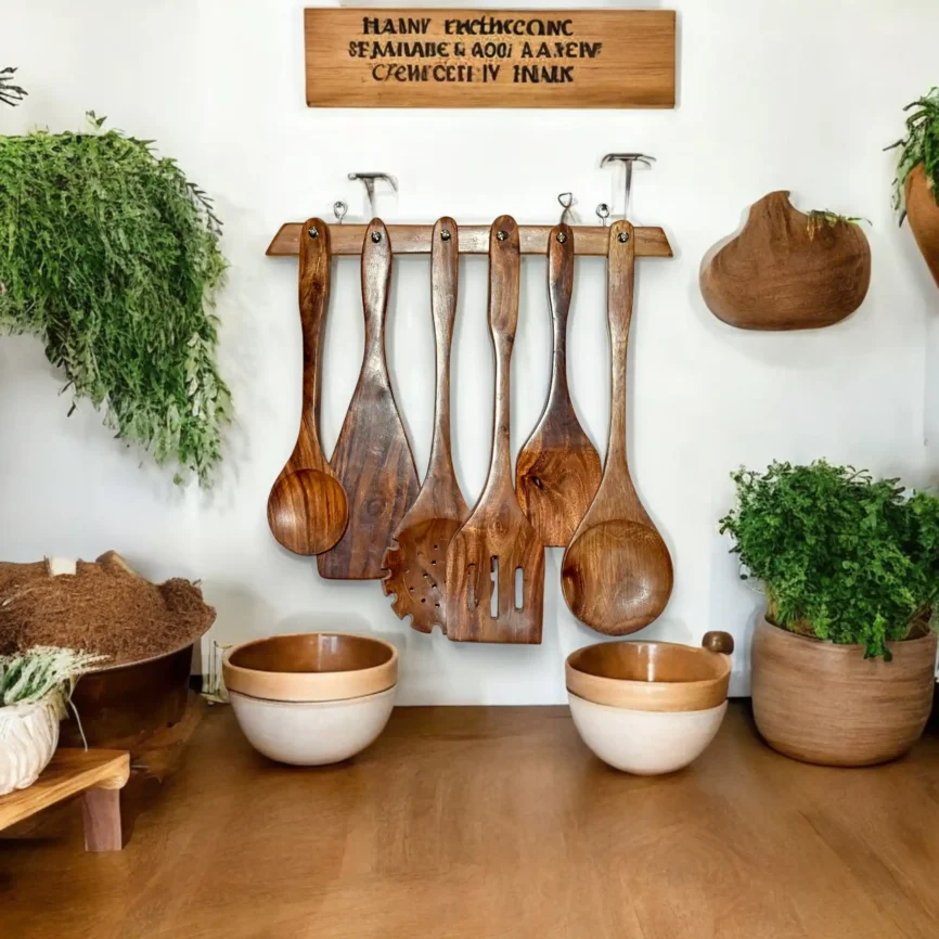 Handcrafted Wooden Spoon Set with Hanging Rack