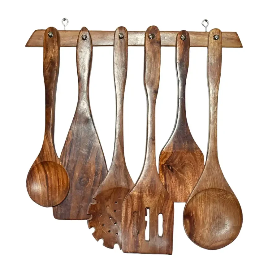 Handcrafted Wooden Spoon Set with Hanging Rack Angle 1