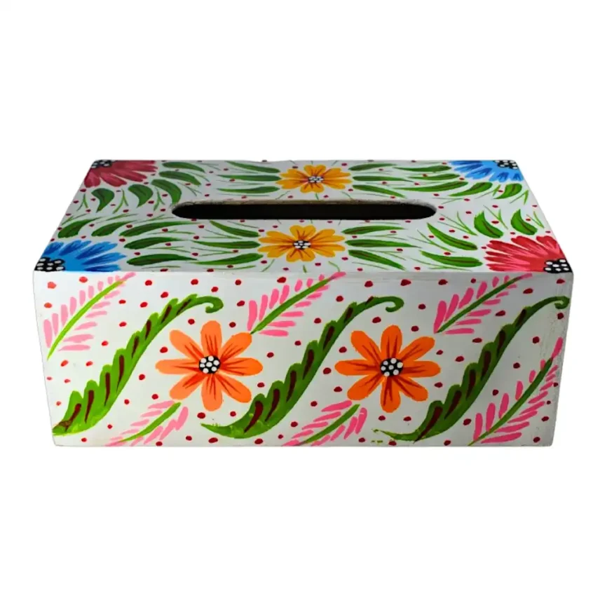 White Wooden Tissue Box – Floral Truck Art Angle 1