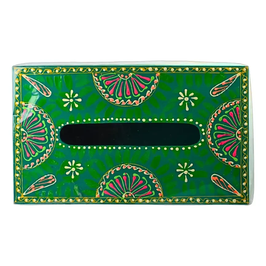 Green Wooden Tissue Box – Truck Art Floral Angle 1