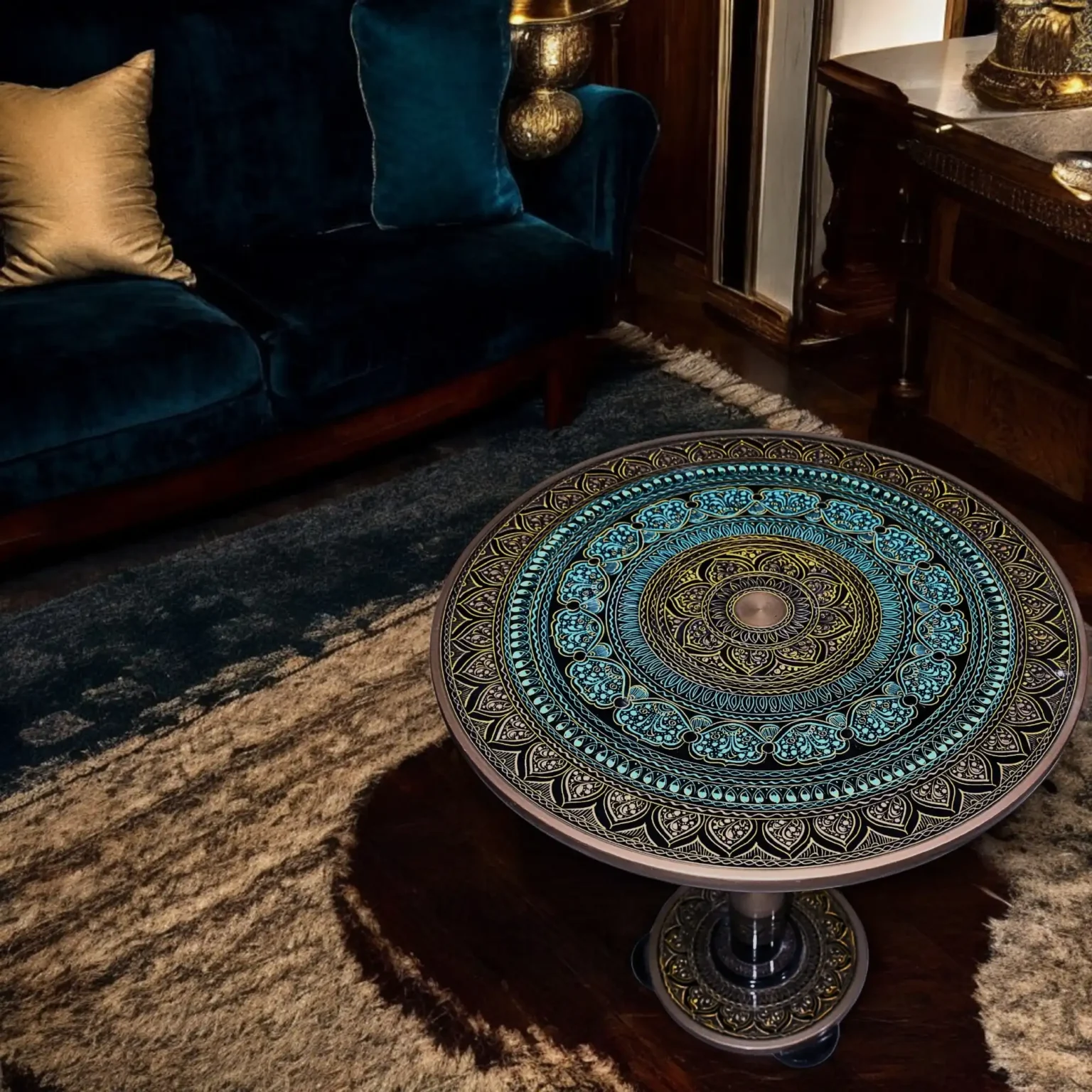 Oceania – Turquoise & Yellow Naqshi Pedestal Table