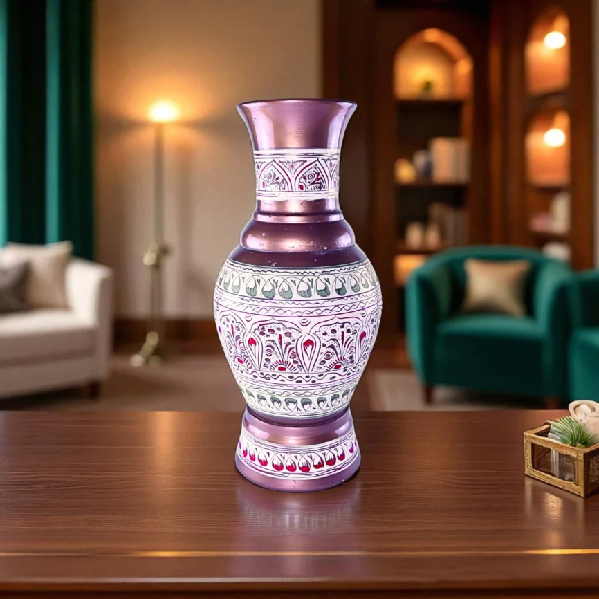 Wooden Flower Vase with Naqshi Art – Maroon & Ivory