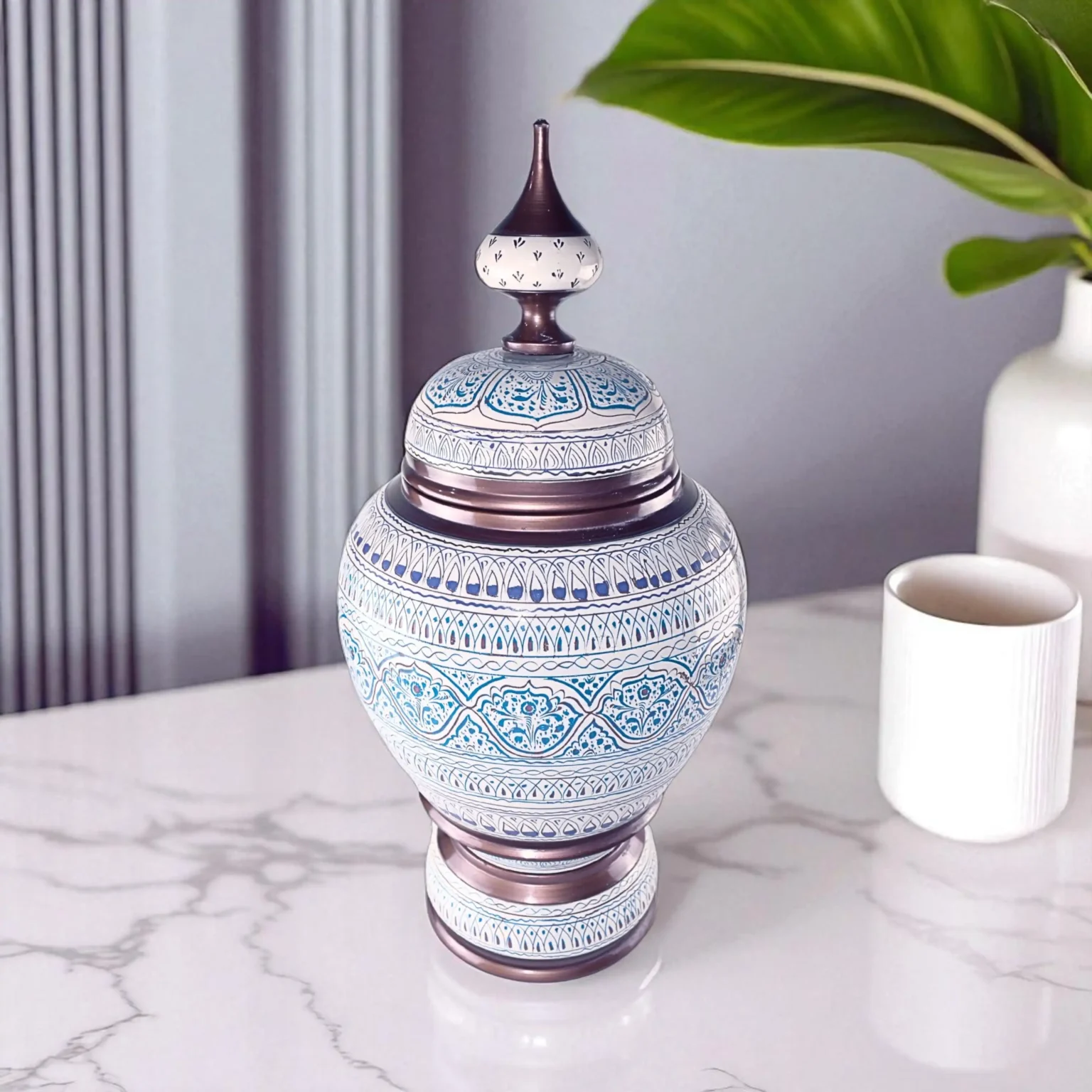 Hand-Painted Wooden Decorative Vessel (White & Blue)