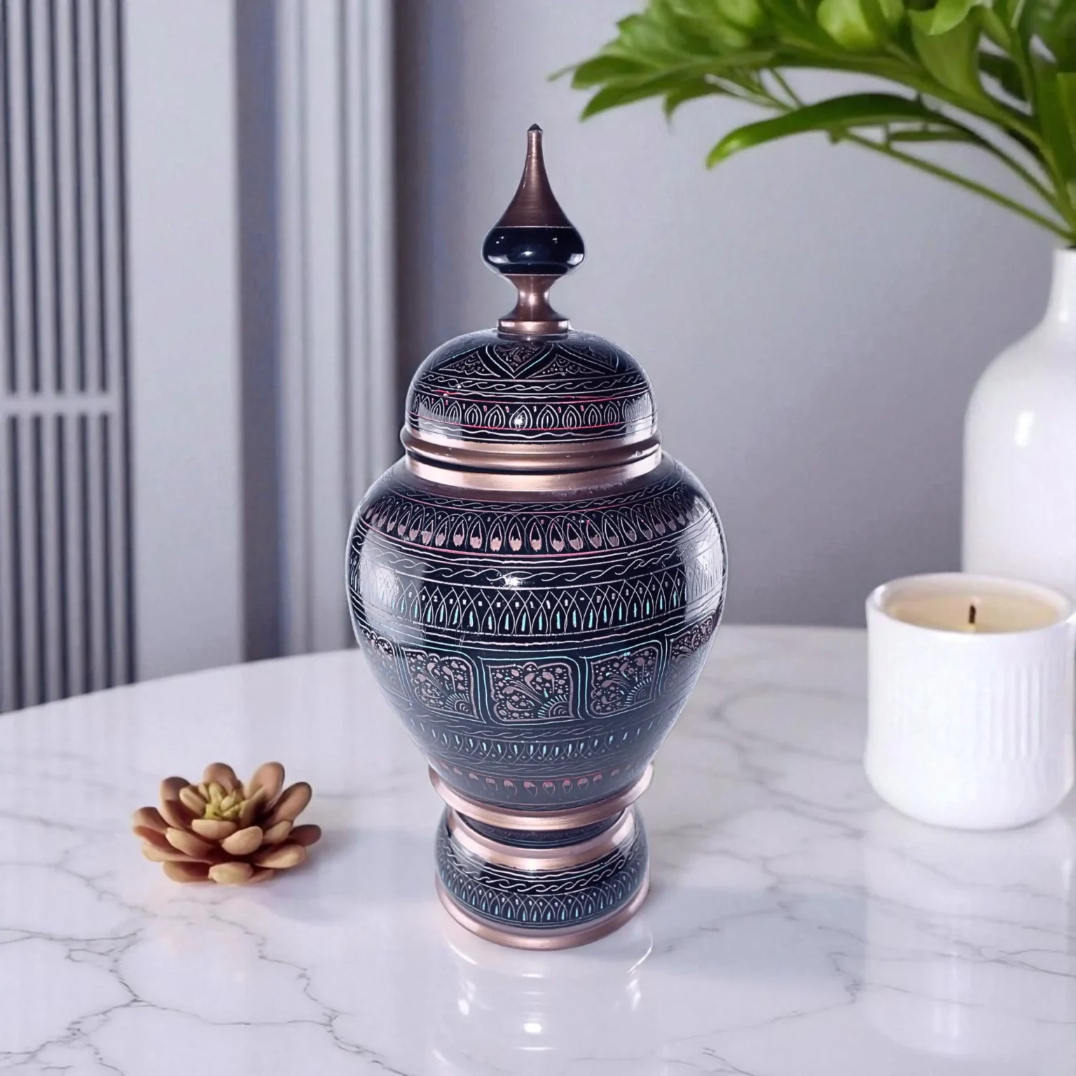 Hand-Painted Wooden Decorative Vessel (Black & Copper)